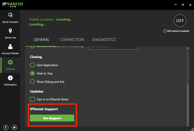 IPVanish generell innstillingsmeny