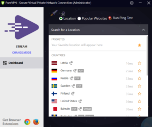 Skjermbilde av PureVPNs tilgjengelige serverplasseringer
