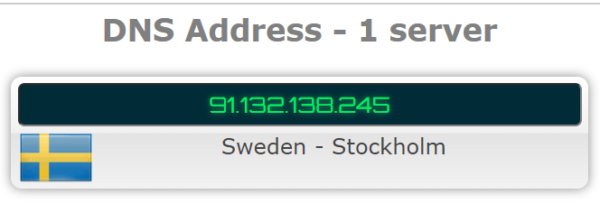 skjermbilde av DNS-adresse – server i Stockholm, Sverige