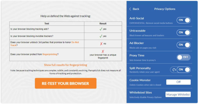 Panopticlick-test av nettleser-sikkerheten