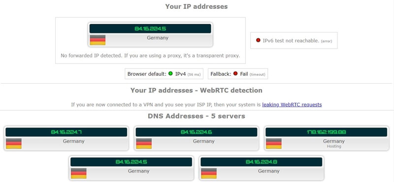 ExpressVPN DNS IP WebRTC lekkasjetest
