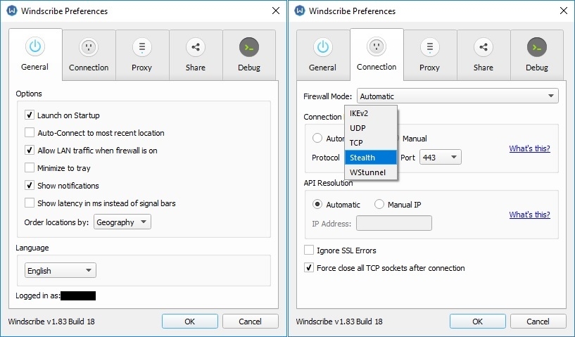 Preferanser for VPN-en Windscribe
